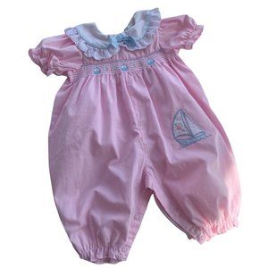 Vintage Pastel Striped Smocked Sailboat Embroidered Peter Pan Collar Romper
